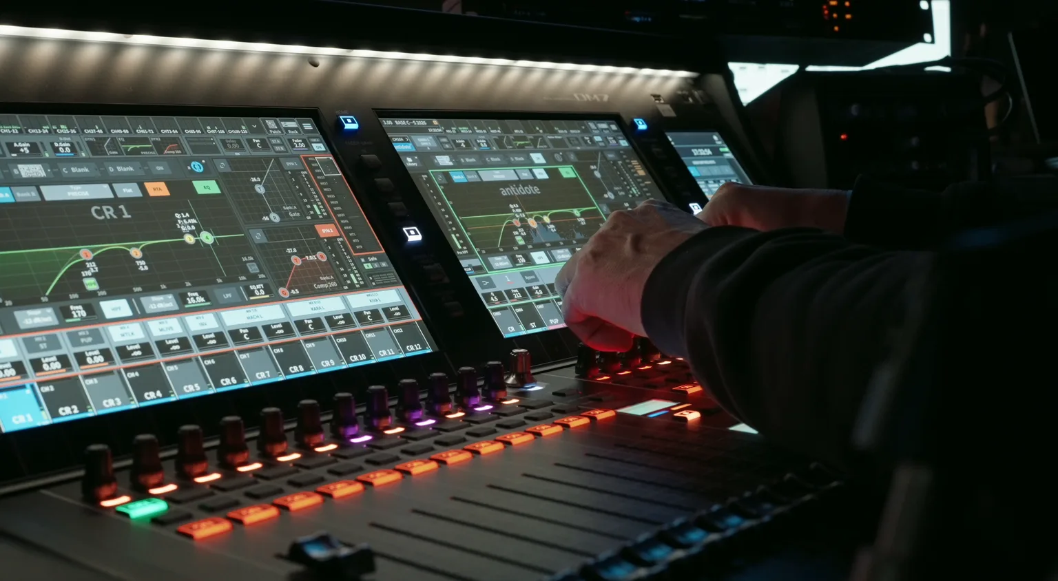 Console de mixage numérique en régie, une main sur les commandes, l'écran central affiche l'interface d'Antidote