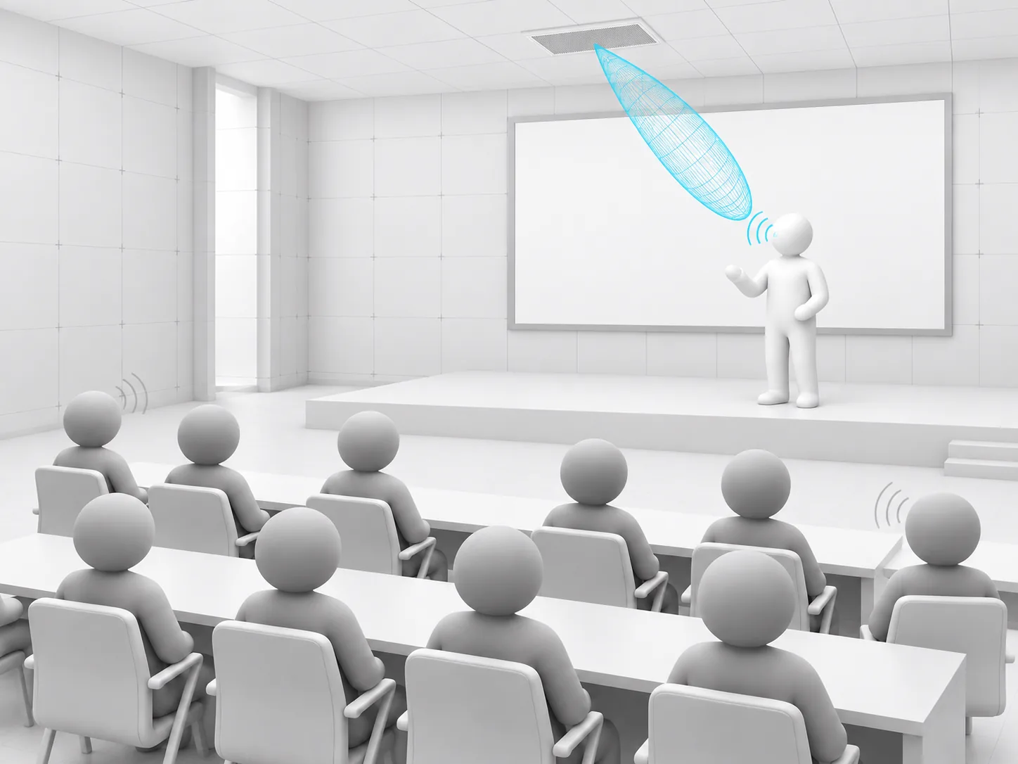 Vue de synthèse d'une salle de conférence : depuis le microphone de plafond, un faisceau de captation en forme de lobe est dirigé vers l'orateur, l'assistance assise reste hors du faisceau